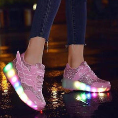 Pink Light Up Led Roller Shoes For Kids - Pink Wings | Kids Led Light Roller Wheel Shoes