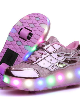 Flying Wings Led Roller Shoes For Kids - Silver, Pink | Kids Led Light Roller Wheel Shoes