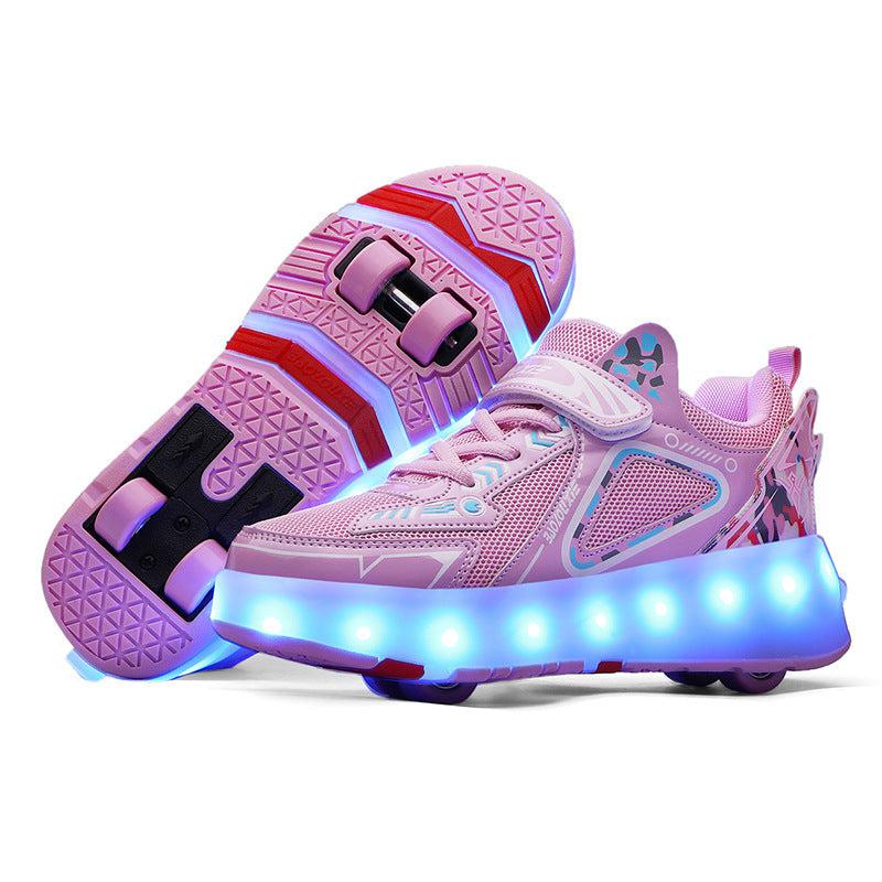 Pink White Black Roller Light Led Luminous Sneakers - Led Light Wheel Healy Roller Skate Shoes For Kids