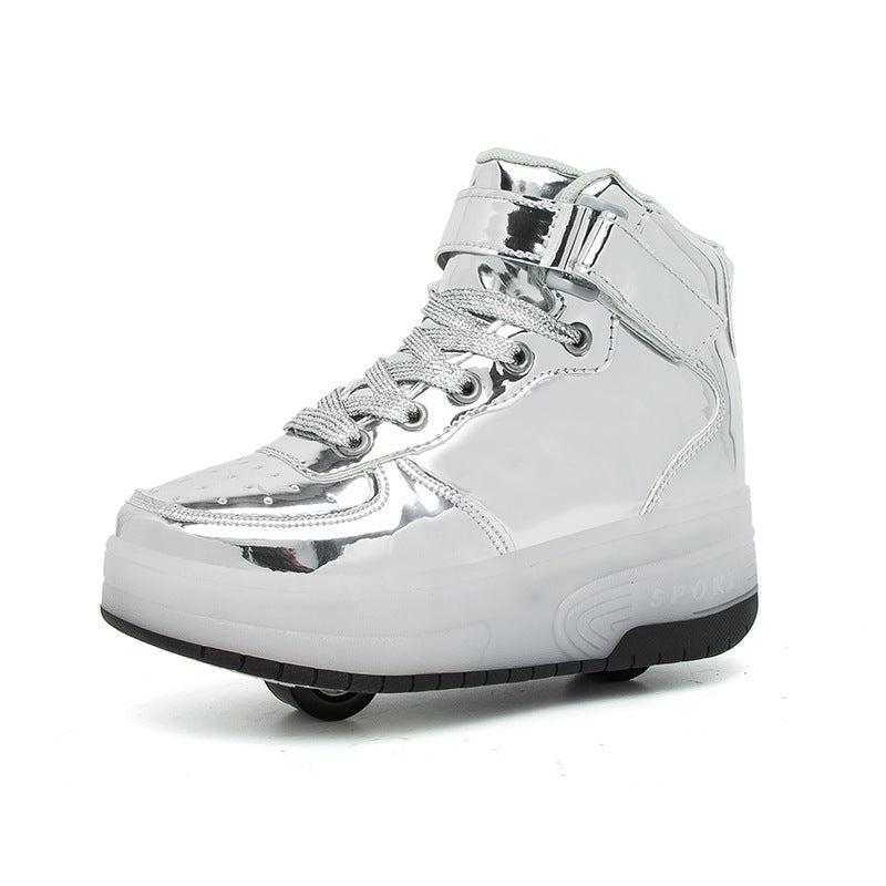 High Top White Led Roller Shoes | Roller High Top Light Up Sneakers With Wheels | ledlegs.