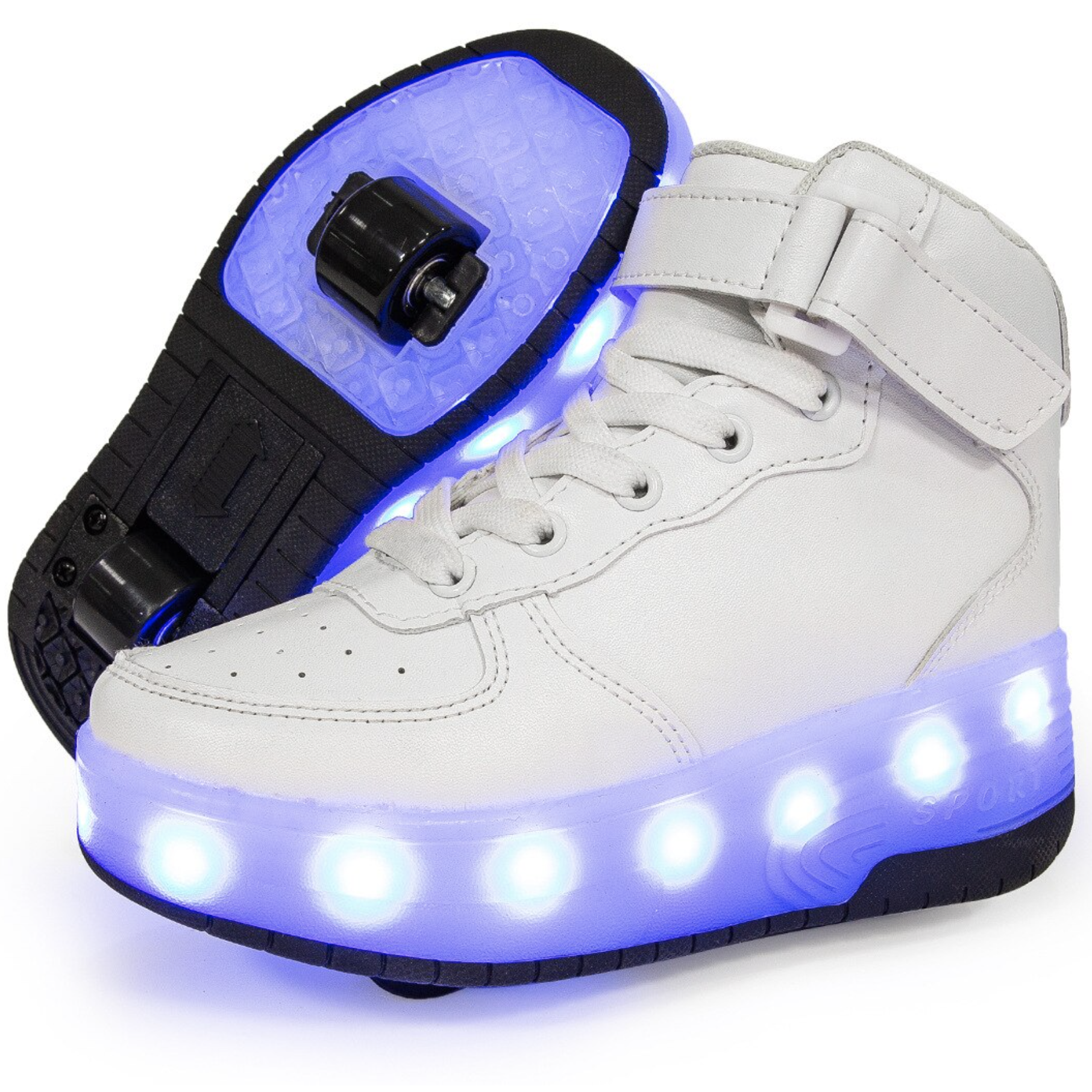 High Top White Led Roller Shoes | Roller High Top Light Up Sneakers With Wheels | ledlegs.