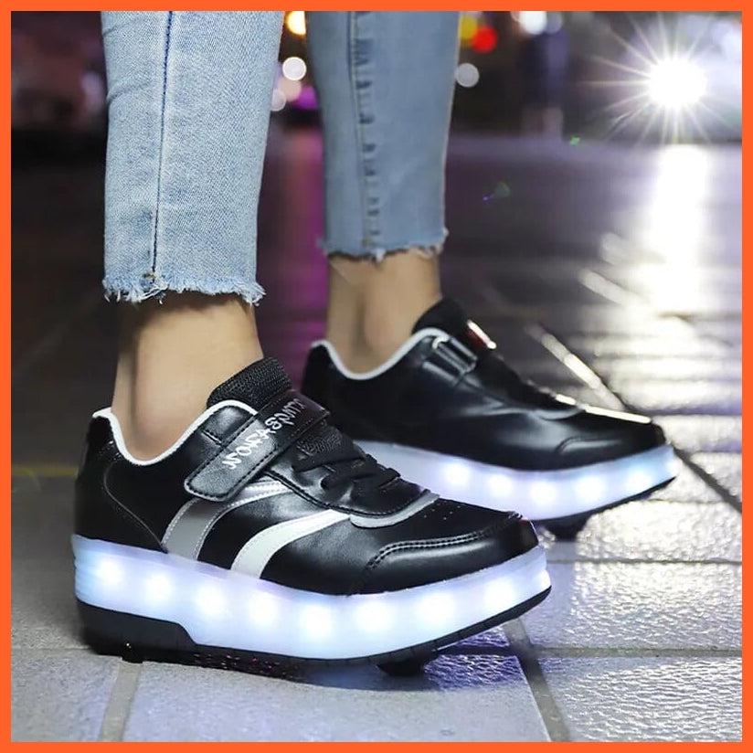 whatagift.com.au Black White Pink Led Roller Shoes Black  |  Kids Led Light Roller Heel Wheel Shoes  | Usb Rechargeable Shoes For Girls & Boys