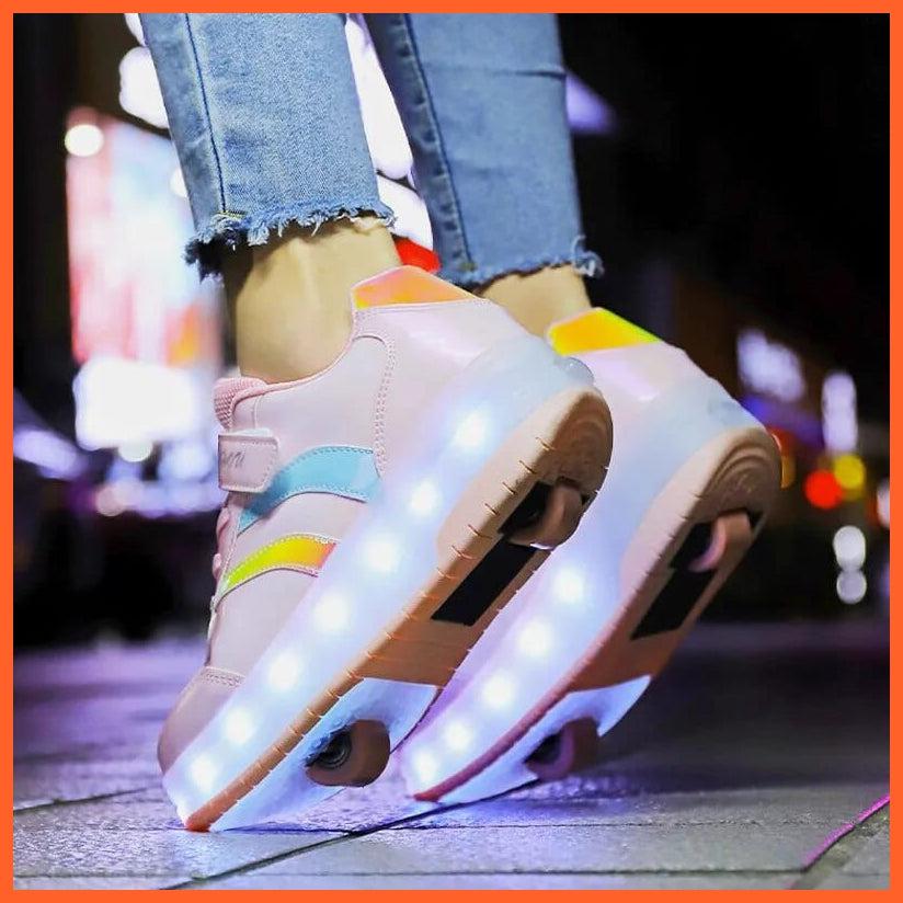 whatagift.com.au Black White Pink Led Roller Shoes Black  |  Kids Led Light Roller Heel Wheel Shoes  | Usb Rechargeable Shoes For Girls & Boys