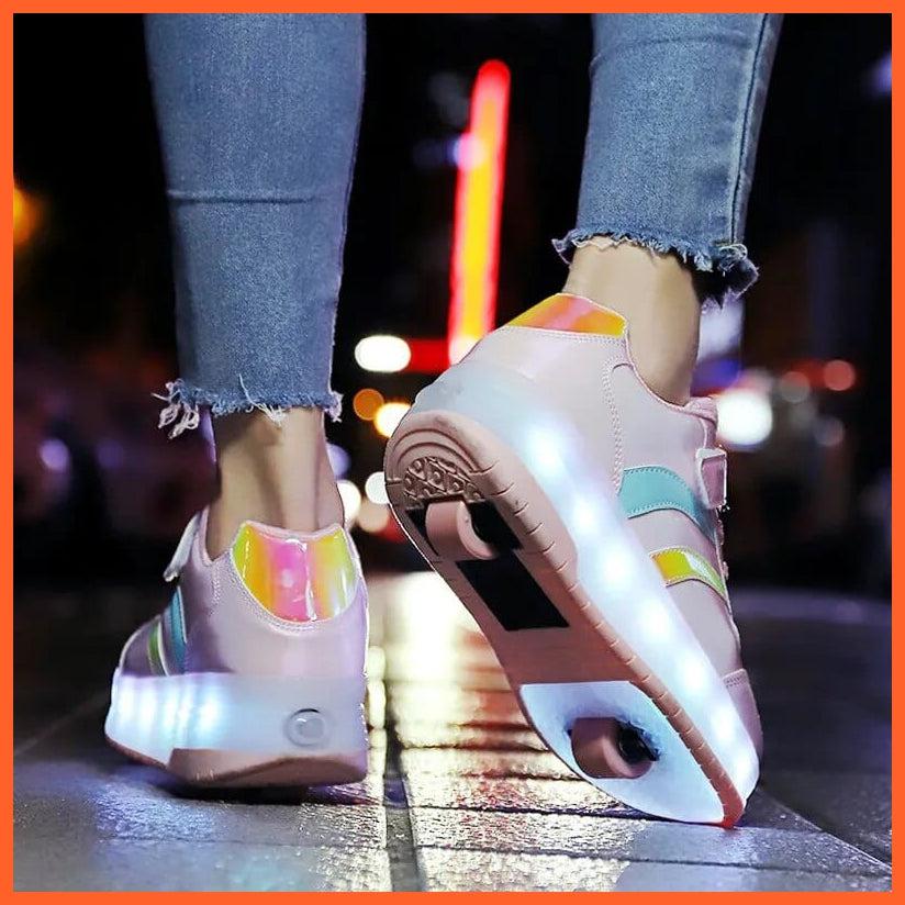 whatagift.com.au Black White Pink Led Roller Shoes Black  |  Kids Led Light Roller Heel Wheel Shoes  | Usb Rechargeable Shoes For Girls & Boys