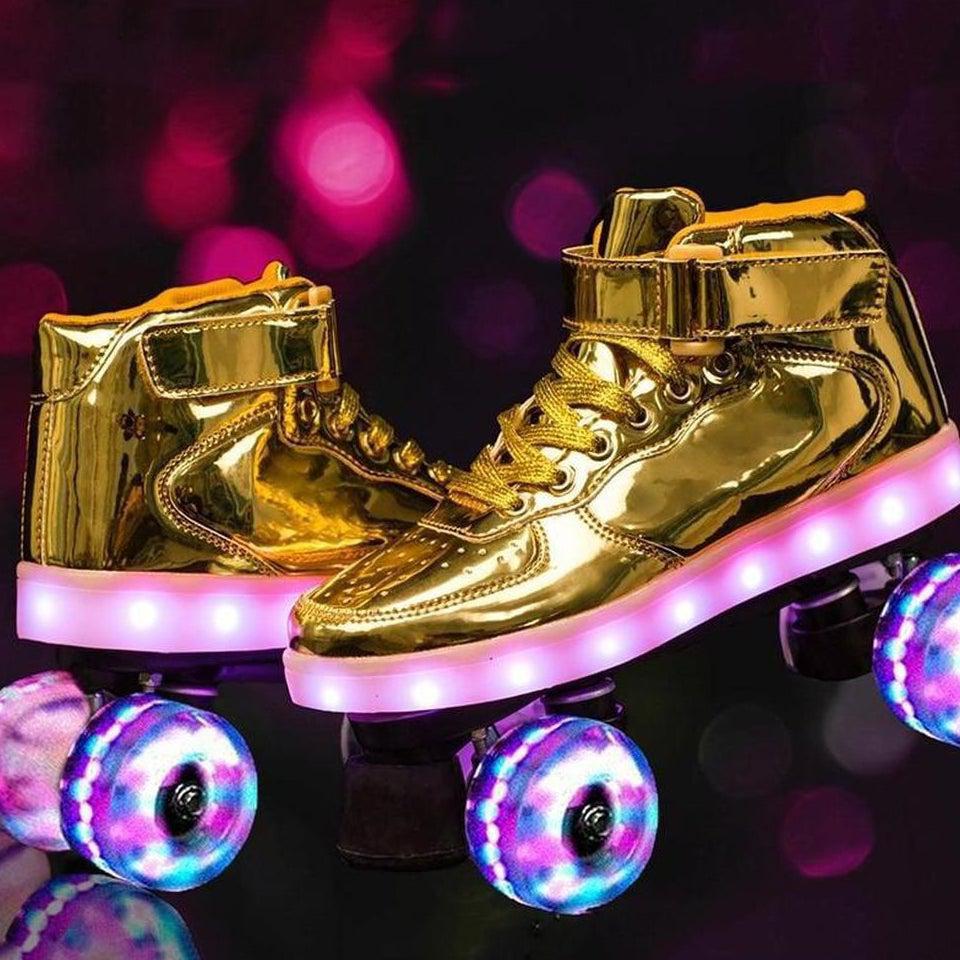 Shiny Roller Skates With Lights For Skating Arenas And Parties Gold  | Dancing Led Light Shoes  | Kids Led Light Shoes  | Kids Led Light Roller Shoes | ledlegs.